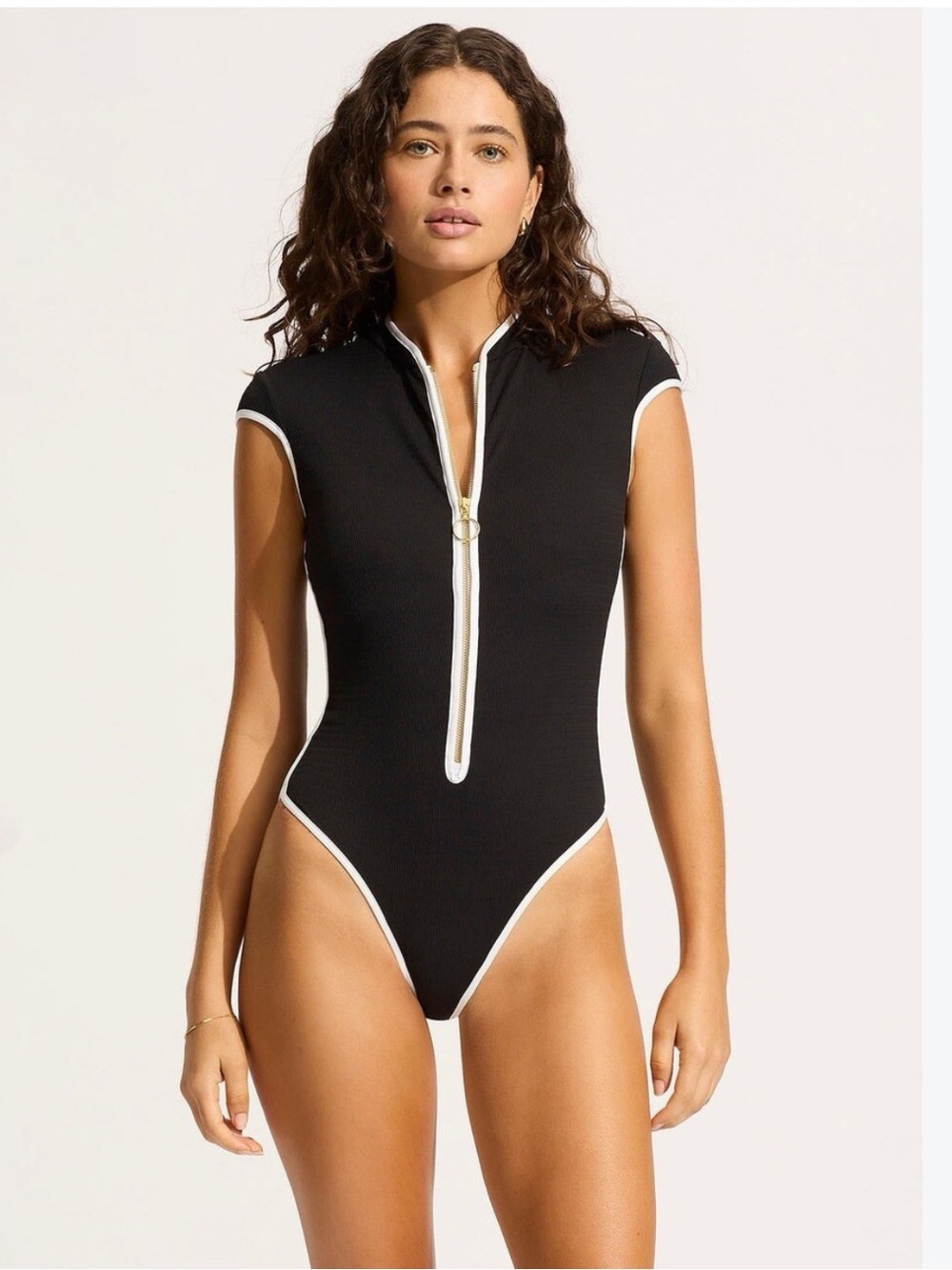 Seafolly Black Cap Sleeve Zip Front One Piece Swimsuit White Piping Size 14